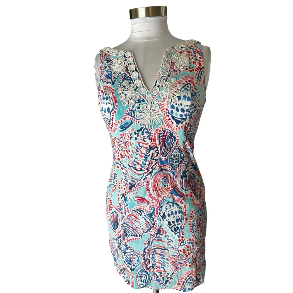 Lilly Pulitzer Shift Dress 2 Blue Seashell Soutache Neckline